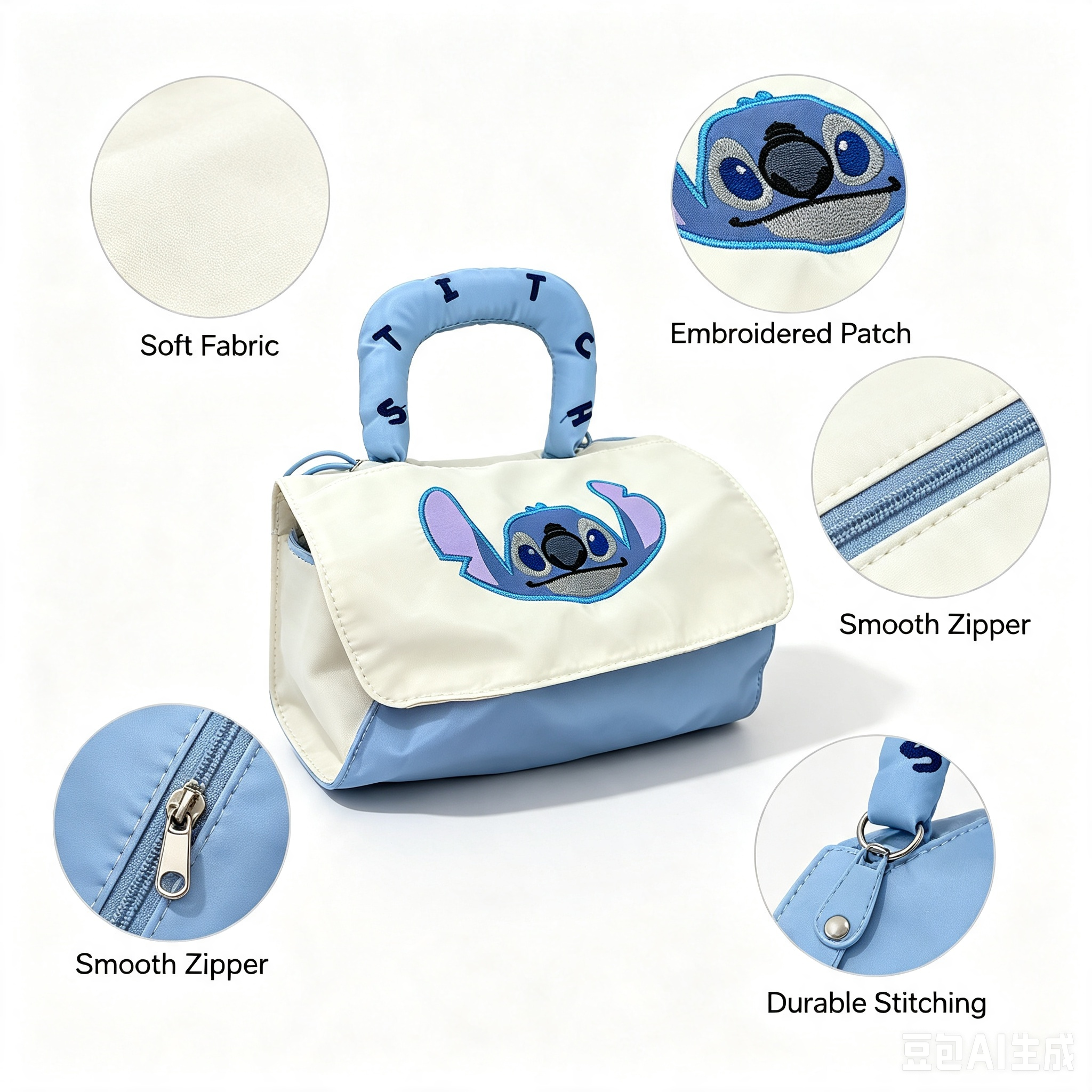 Cartoon Makeup Bag – Blue White Travel Cosmetic Pouch with Top Handle